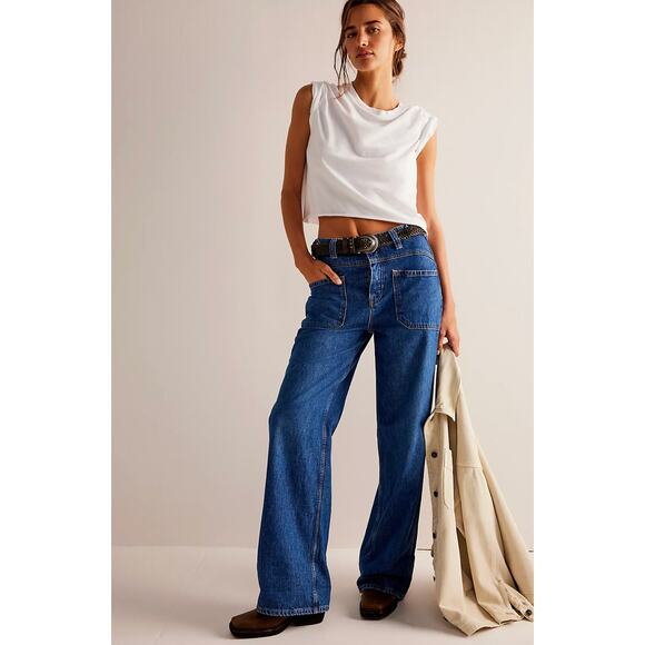 We The Free Palmer Cuffed Wide Leg Jeans in Tunnel Vision Dark Wash US30 - Picture 1 of 10